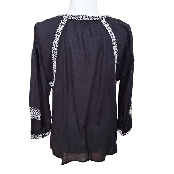 Lucky Brand Boho Black White Embroidered 3/4 Sleeve Peasant Rayon Top Blouse szM - Picture 5 of 6
